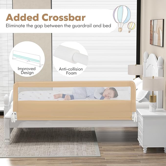 BABY JOY Bed Rails for Toddlers, 71'' Extra Long, Upgraded Swing Down Bed Guard w/Safety Strap, Folding Baby Bedrail for Kids Twin, Double, Full Size Queen & King Mattress (71-Inch, Beige)