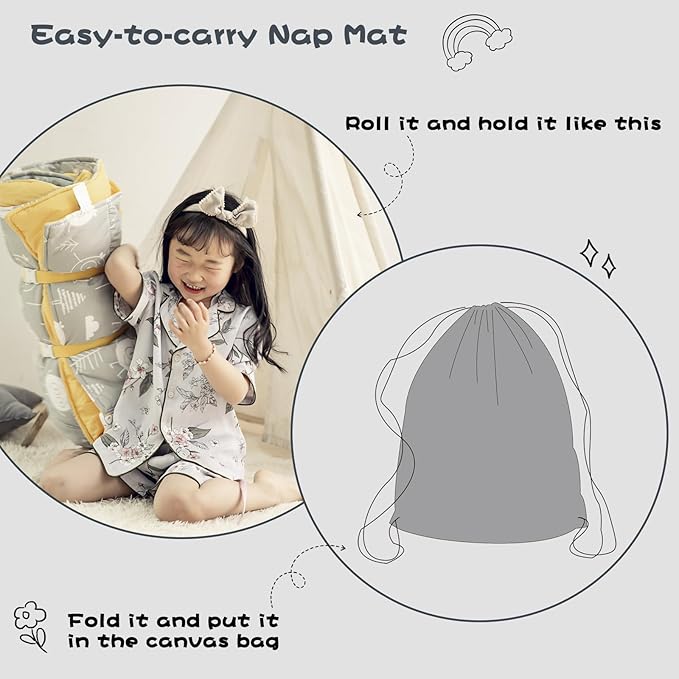 Toddlers Nap Mat with Removable Pillow and Soft Blanket, Lightweight Daycare Preschool Kindergarten Sleeping Bag, Travel Slumber for Kids Girls Boys