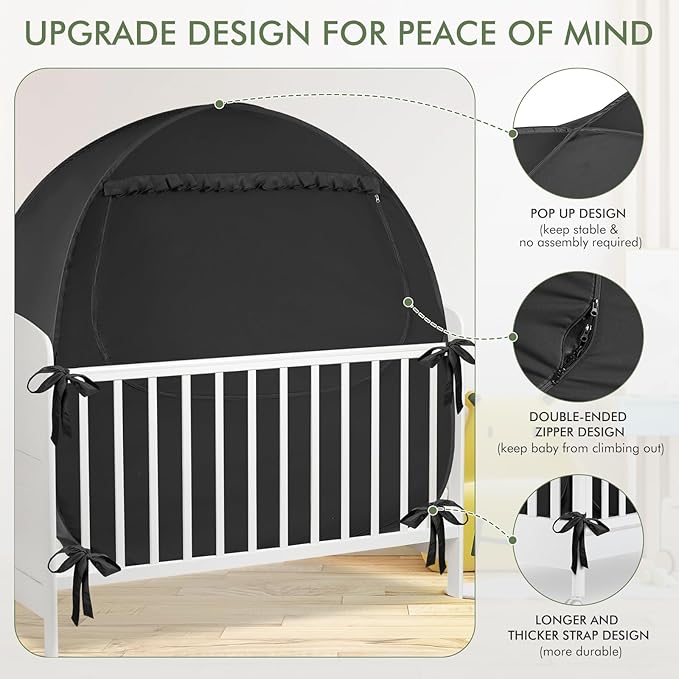 Crib Blackout Tent for Pack N Play, Pop Up Travel Crib Blackout Cover Canopy, Breathable Baby Sleep Pod with Safe Bottom Design, Blocks 70% Light
