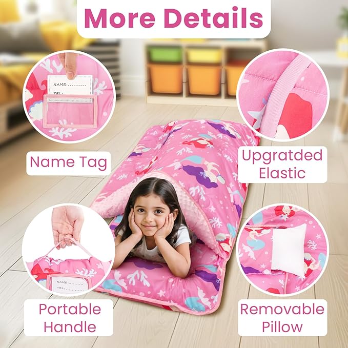 Toddler Nap Mat with Pillow and Minky Blanket, Large 55"x35" Sleeping Bag, Washable, Lightweight, Easy to Roll, Perfect for Preschool, Daycare, Kindergarten, Travel, Boys and Girls(Mermaid)