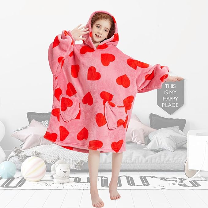 Fiosnow Love Print Blanket Hoodies for Kids 6-13YR Oversize Wearable Blanket Hoodies for Boys Girls Teens