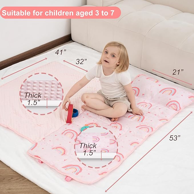 Viviland Toddler Nap Mat with Pillow and Minky Dot Blanket, Large Thick Rolled Sleeping/Slumber Bags, Kids Girls Sleeping Mat for Preschool, Daycare, Kindergarten, Travel Camping- Pink Rainbow