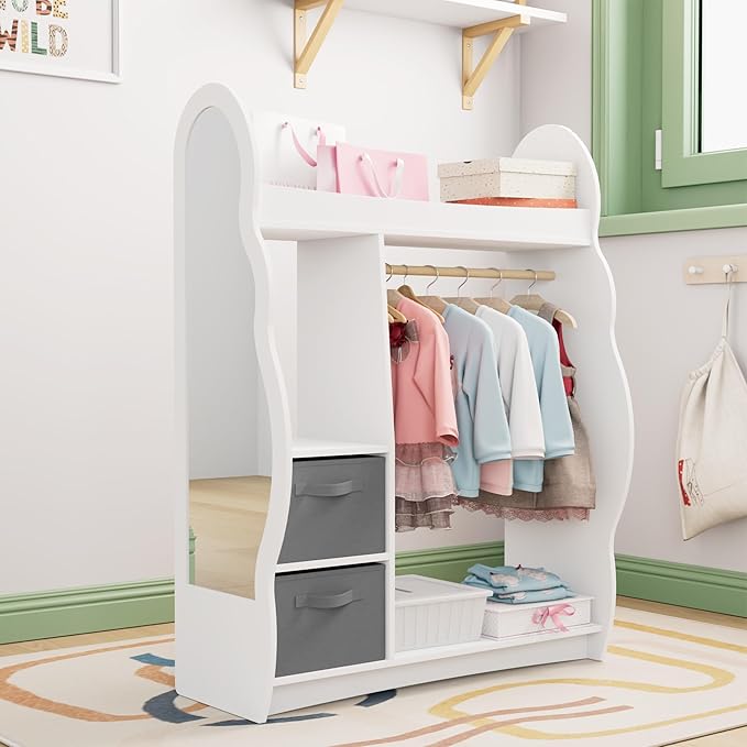Kids Dress Up Storage Rack Mirror Wood Child Wardrobe 2 Hooks 2 Fabric Bins Toddler Closet Girls Boys Open Hanging Armoire Storage Shelf Coat Costume Hat Shoe (Cloud+White+Two Drawers)