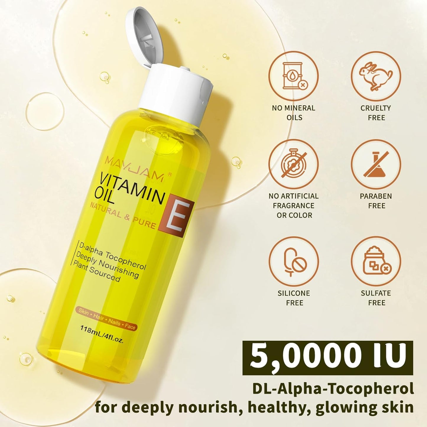 Organic Vitamin E Oil 50,000 IU for Skin, Pure & Natural Vitamine oils for Scars Hair, Face, Nail, Scalp Bath and Body Oil, Tocopherol to Repair Damaged Skin, Moisturizing Dry Skin, 4 Fl Oz