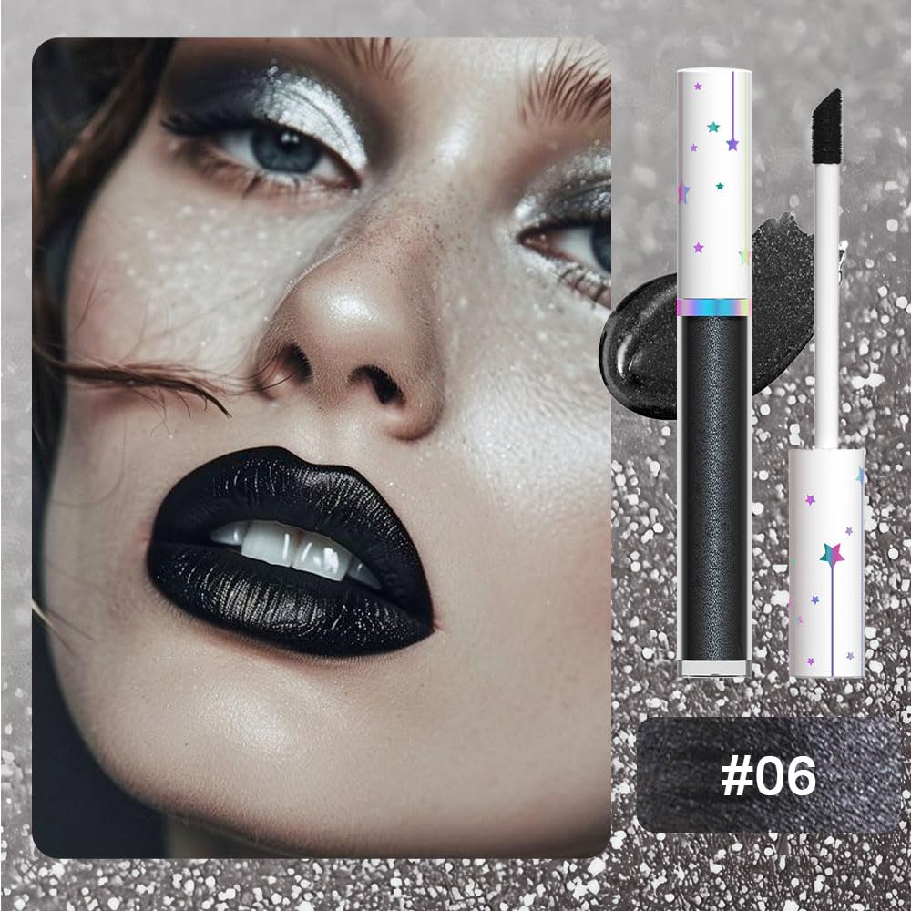 evpct 1Pcs Black Metallic Shimmer Glitter Lip Gloss Liquid Lipstick Long Lasting Waterproof 24, Glitter Pearlescent Metallic Sparkly Liquid Lipsticks Lip Stains Makeup Set for Women 06