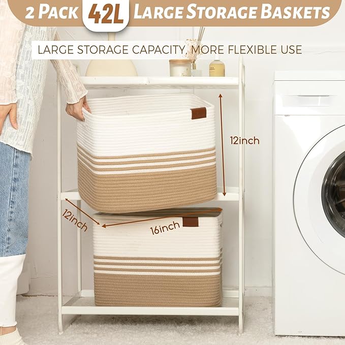 Storage Baskets, 42L*2 Pack Storage Baskets for Organizing, Laundry Basket for Closet,Cotton Rope Blanket Basket for Storage, Toy Storage Basket for Living Room, Laundry Room, Bedroom-Jute