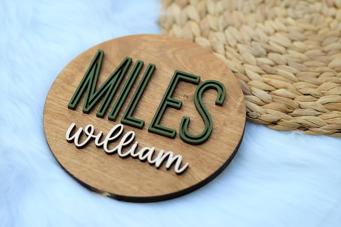 Custom Round Nusery Name Sign, Personalized 3D Baby Name Announcement Sign, Personalized Wooden Wall Plaque, 3D Wall Art for Children & Kids Rooms, Family Name Signs, 30 Colors (Design 11)