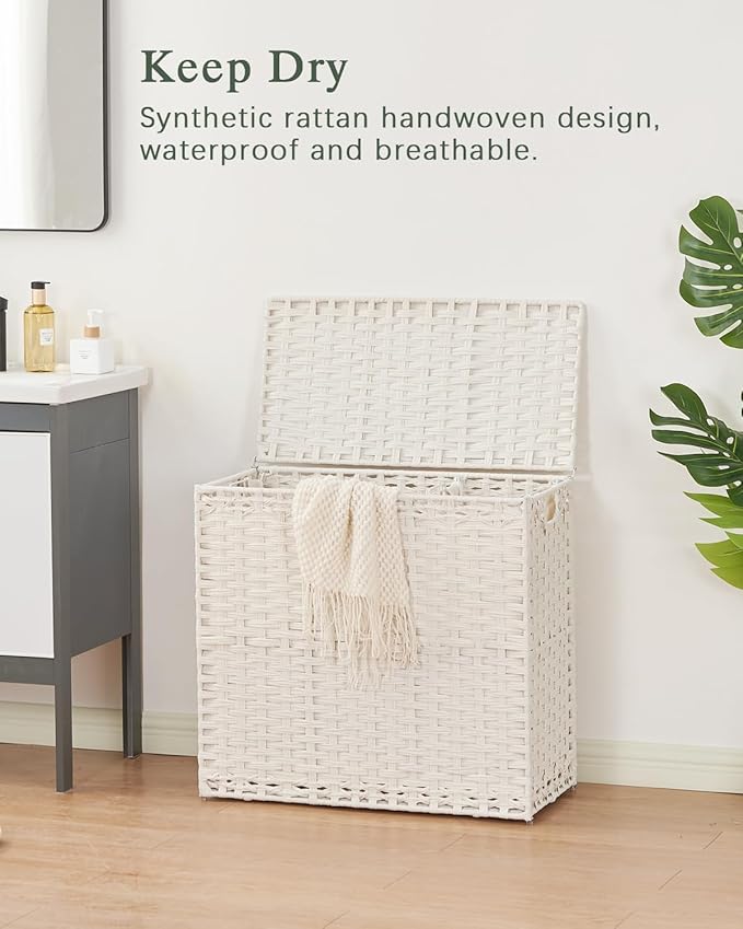 Laundry Hamper with Lid Laundry Basket 132 L (35 Gal) Wicker Clothes Hamper, Handwoven Rattan Hamper with Handles and 4 Removable Liner Bags, 6 Mesh Bags for Laundry Bedroom White