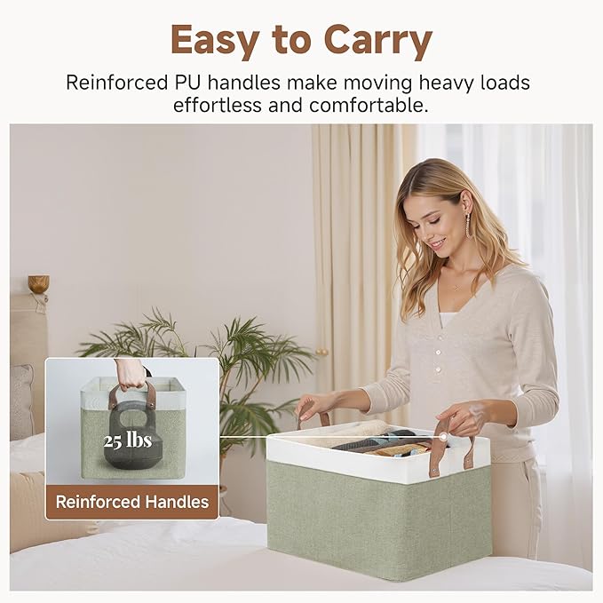 StorageWorks Storage Bins, Fabric Storage Bins for Shelves, Large Storage Baskets with Metal Frame, Closet Baskets and Bins with Handles, Green and White, 2-Pack