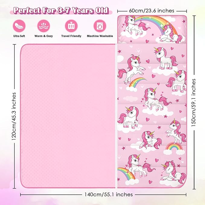 Toddler Nap Mat Kids Sleeping Bag 59"×24", Soft Slumber Bag with Removable Pillow and Blanket for Kids Girls Boys,Roll Up Sleeping Mat Thick for Camping,Daycare, Kindergarden