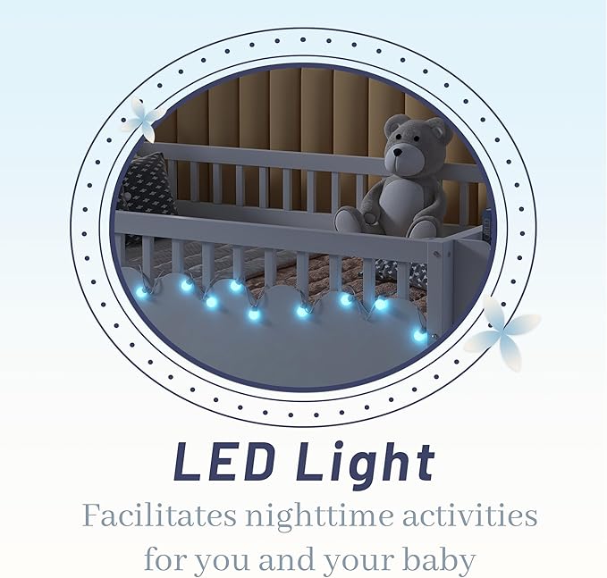 Full Size Floor Bed for Kids, Wood Montessori Floor Bed Full with High Rails & Storage Shelf, Baby Floor Beds with LED Light for Boys & Girls, White