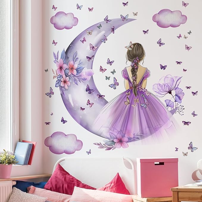 2 Sheets Purple Butterfly Girl Wall Decal - Removable DIY Moon Cloud Wall Decal Vinyl Purple Flower Princess Room Art for Girls Baby Nursery Bedroom Living Room Bathroom Classroom Decor
