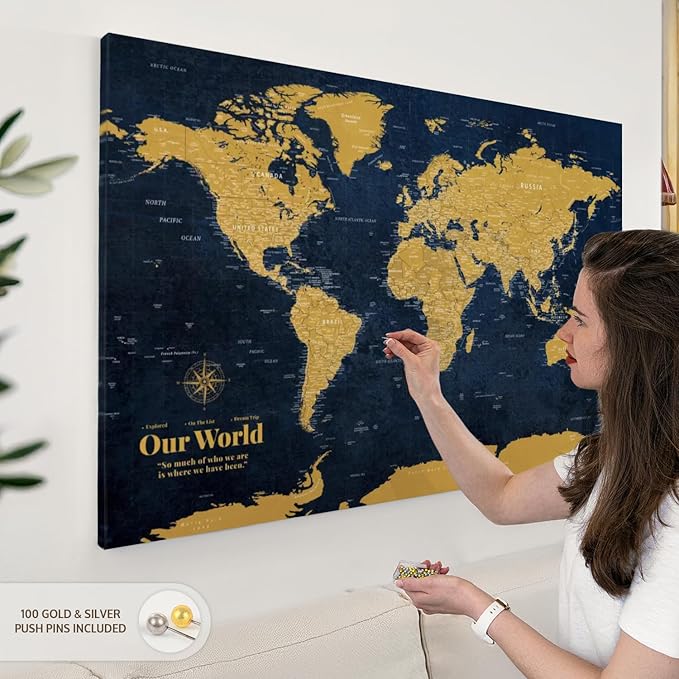 ElephantStock - Personalized Push Pin World Map - Gold Wall Art - Horizontal Canvas Wall Art - Living Room Wall Decor - Digital Art Map Canvas Art - Orange And Blue Decor - 45" x 30"