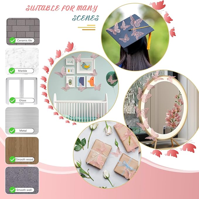 3D Gold Butterfly Wall Decor 3 Sizes 4 Styles Butterfly Party Decorations Cake Decorations Removable Stickers Wall Decor Room Mural Metallic Kids (Pink, 96Pcs)