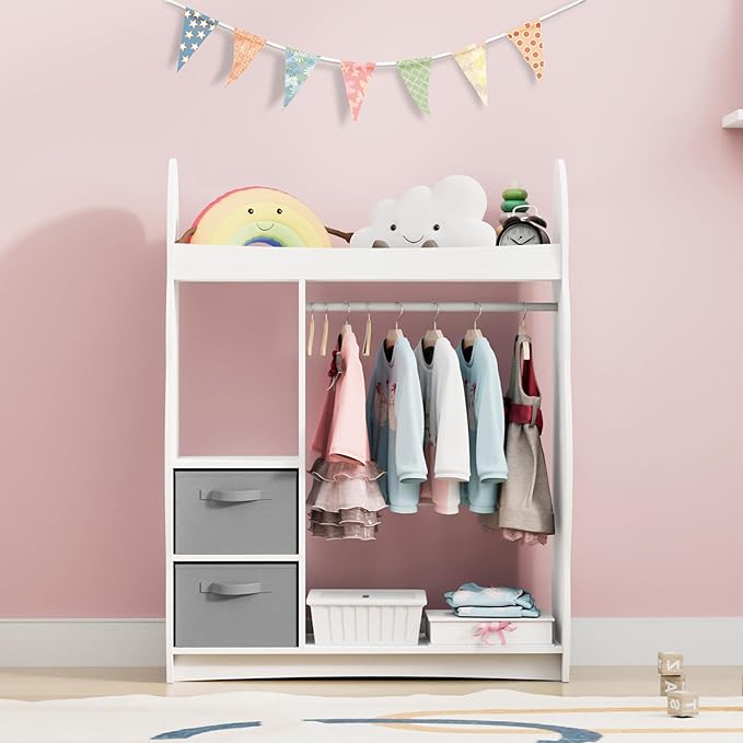Kids Dress Up Storage Rack Mirror Wood Child Wardrobe 2 Hooks 2 Fabric Bins Toddler Closet Girls Boys Open Hanging Armoire Storage Shelf Coat Costume Hat Shoe (Cloud+White+Two Drawers)