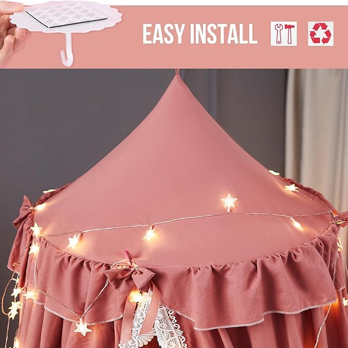 Kertnic Bed Canopy for Girls, Ruffled Soft Pink Princess Canopy Dreamy Bow Decor, Bed Canopies for Kids Room, Hanging Canopy Bedding Drapes Toddler Reading Nook Play Tent (Red Bean)