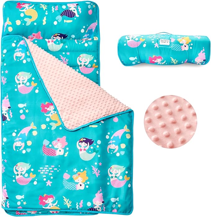 beeweed Toddler Nap Mat, Rollup Design Kid Sleeping Mat with Removable Pillow & Minky Blanket, Toddler Sleeping Bag for Daycare Preschool Travel Camping