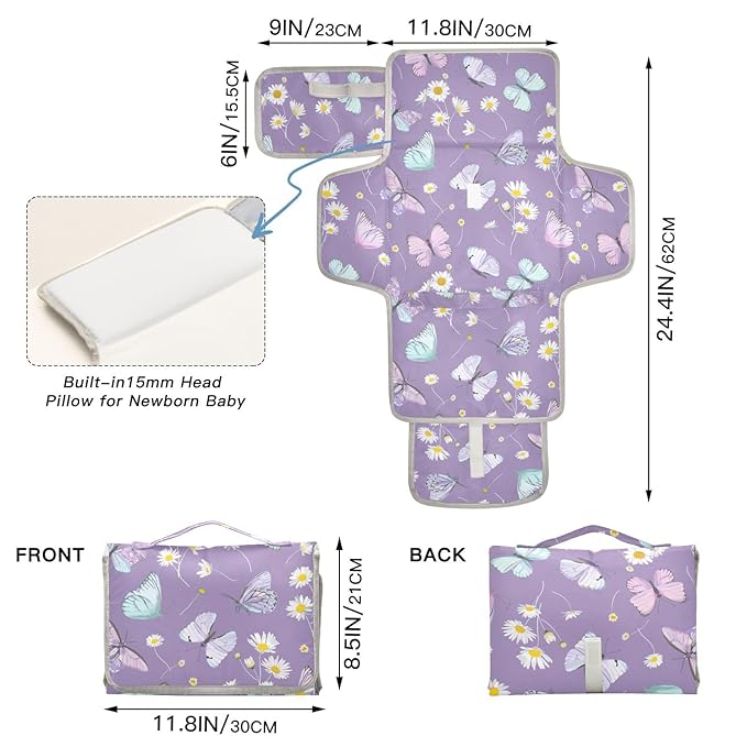 Portable Changing Pad for Baby - Butterfly Purple Waterproof Diaper Changing Mat Travel Changing Pad with Built-in Pillow - Shower Gift for Baby