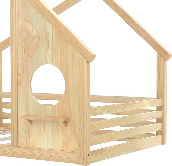 SOFTSEA Full Size Floor House Bed with Roof, Solid Wood Montessori Bed Frame with Slats and Guardrails, Kids Playhouse Floor Bed for Boys Girls, No Spring Box Needed, Natural