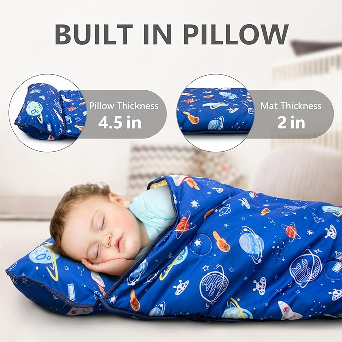 Primlect Thickened Toddler Nap Mat with Removable Pillow and Minky Blanket, Extra Large 55''x35'' Sleeping Bag, Washable, Roll up, Perfect for Daycare, Preschool, Kindergarten, Boys and Girls (Space)