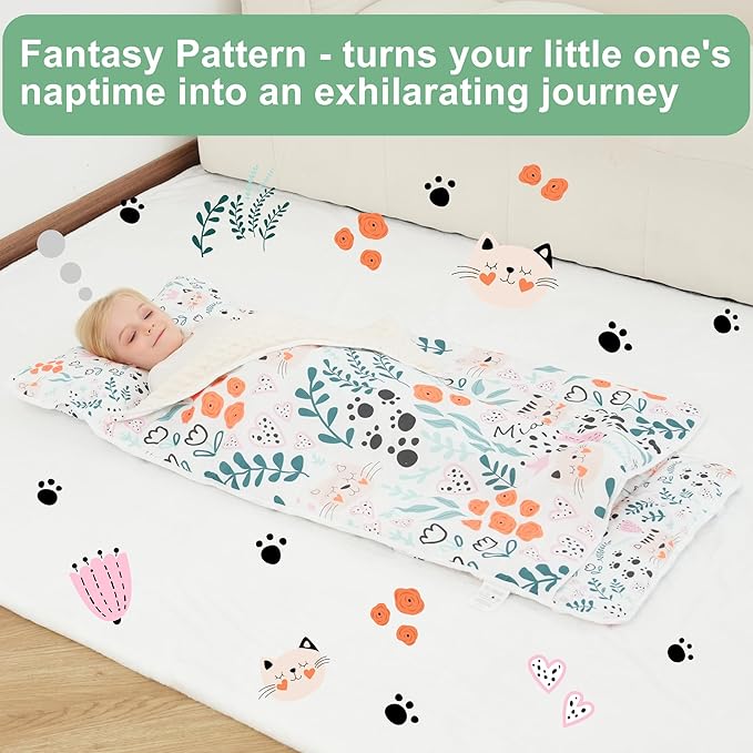 Viviland Toddler Nap Mat with Pillow and Minky Dot Blanket, Rolled Sleeping Mats/Slumber Bag, Large Thick Kids Nap Mat for Preschool, Daycare, Kindergarten, Travel Camping -Cute Cat