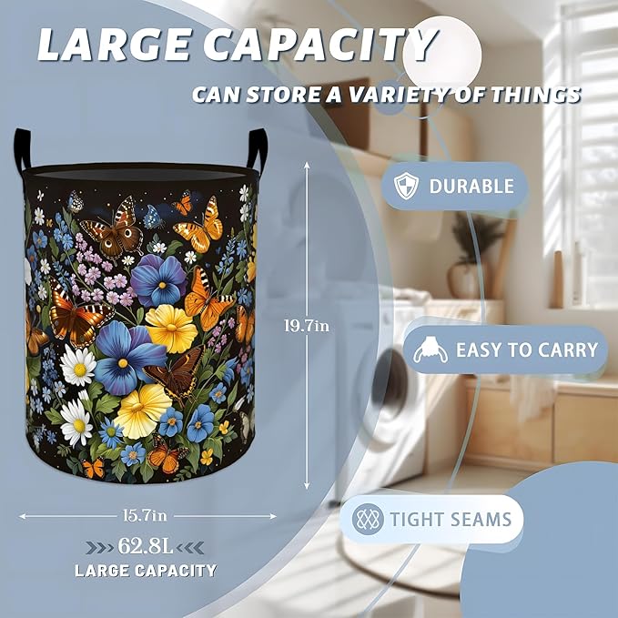 Blooming Floral with Colorful Butterfly Laundry Basket with Handles, 19.7"x15.7" Clothes Foldable Laundry Hamper Organizer for Dorm Nursery Bedroom Bathroom Decor, Toy Storage Bin for Kids