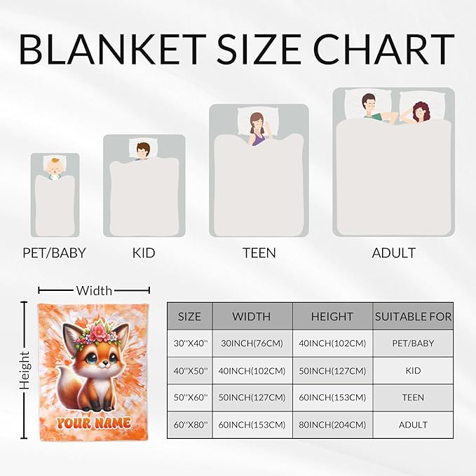 Blanket for Girls - 50" x 60" Inches Personalized Fox Gifts for Teens, Kids - Soft Warm Blankets for Couch, Sofa