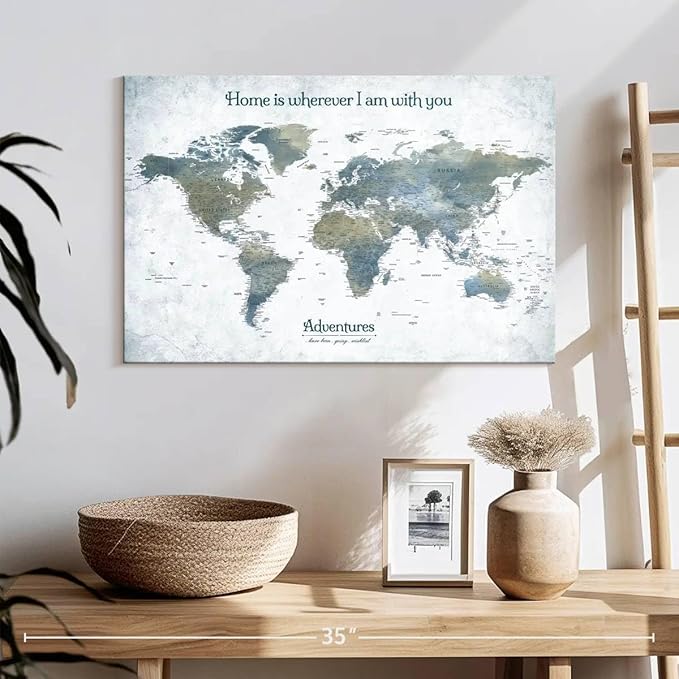 ElephantStock - Home With You II Push Pin World Map Wall Art - Horizontal Canvas Wall Art - Living Room Wall Decor - Digital Art Map Canvas Art - Blue And Gray Decor - 24" x 16"