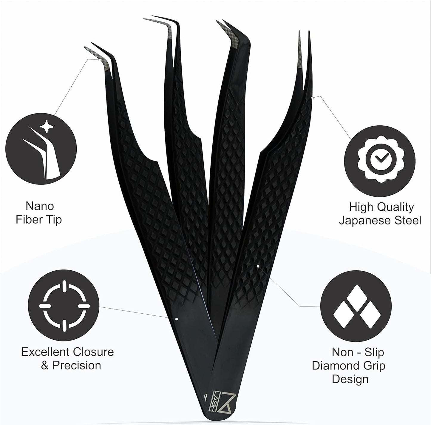 M LASH Eyelash Extension Tweezers (Set of 4) - Professional & Precision Lash Tweezers for Eyelash Extensions - Japanese Steel, Diamond Grip, Fiber Tip V3 (Black)