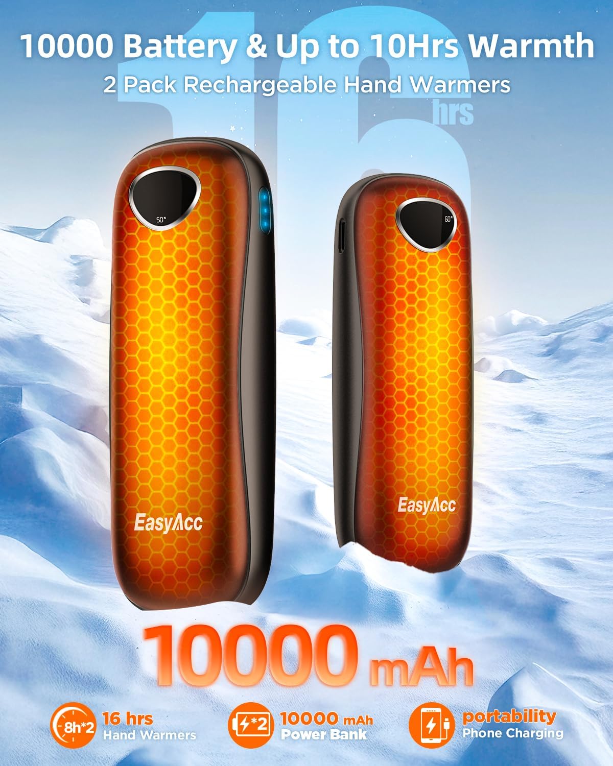 EasyAcc® Pocket Size Hand Warmers Rechargeable, Golf Hunting Hand Warmers, Real 16 Hrs Warmth, Heat Up to 131℉, UL Certified, Gloves Fitting, Golf Raynauds Skiing Essentials, Gifts Women Men