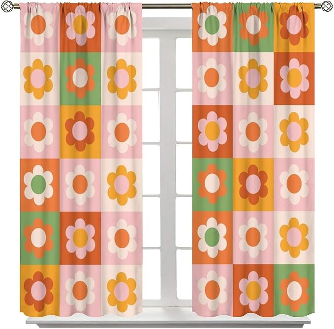 70s Flowers Curtains,Vintage Cute Colorful Abstract Floral for Girls Kids Bedroom Bathroom Curtains Window,Trendy Groovy Funky Novelty Home Window Treatments Drapes 72"" W X 63"" L, Style-5