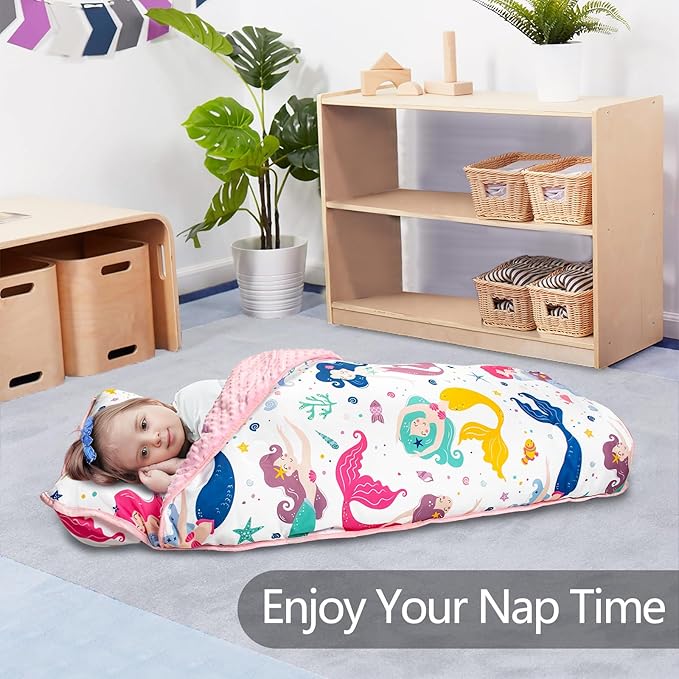 Primlect Thickened Toddler Nap Mat with Removable Pillow and Minky Blanket, Extra Large 55''x35'' Sleeping Bag, Washable, Roll up, Perfect for Daycare, Preschool, Kindergarten, Boys and Girls Mermaid