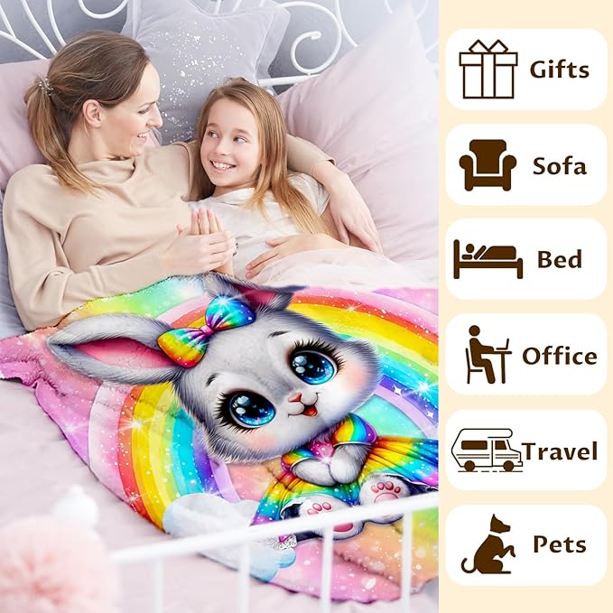 Girls Blanket Bunny Throw Blankets for Toddler Kids Daughter Birthday, 30X40 Inches Soft Lightweight Cute Rabbit Throw for Sofa Couch Bed Travel Rainbow Print Decor Gift