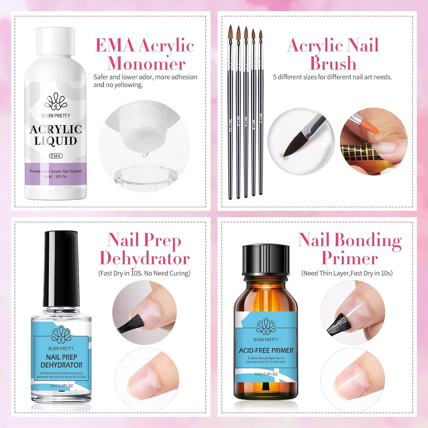 BORN PRETTY Acrylic Nail Kits Full Set,87PCs Pink White Clear Glitter Grey Acrylic Powder and Liquid Set for Beginners,with Nail Pre Dehydrator Nail Primer Nail Tips