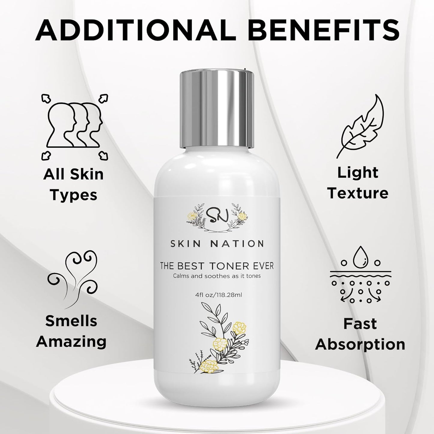 Skin Nation Hydrating Gentle Rosewater Toner with Aloe Vera and Chamomile, Alcohol-Free and Paraben-Free, for Dry, Sensitive, Oily and Combination Skin, 4 fl oz