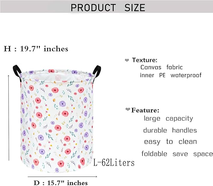 KUNRO Spring Flower Laundry Gift Basket Storage Hamper, Kids Toys and Clothes Storage Organizer Bins, Toy Shelf Basket with Handles for Room Decor