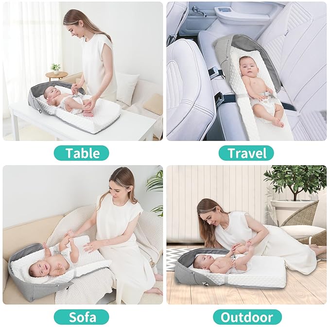 Portable Baby Diaper Changing Pad Foam Contoured Changing Table Pad with Soft Non-Slip Cover and Headrest Waterproof Diaper Bag for Dresser, Changing Table Topper Travel Outdoor
