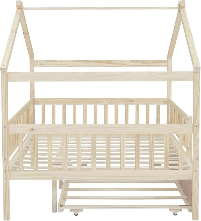 Harper & Bright Designs Full House Bed with Trundle, Kids Platform Frame Rails and Roof, Tent Bed, Wood Playhouse Montessori for Teens Girls Boys, No Box Spring Needed (Natural)
