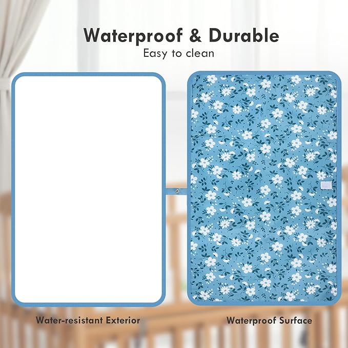 Portable Diaper Changing Pad for Baby - Waterproof Compact Changing Mat with Wrist Strap - Wipeable Travel Changing Pad for Diaper Bag - Gifts for Baby Shower by PHOEBUS BABY(Blue Flowers)