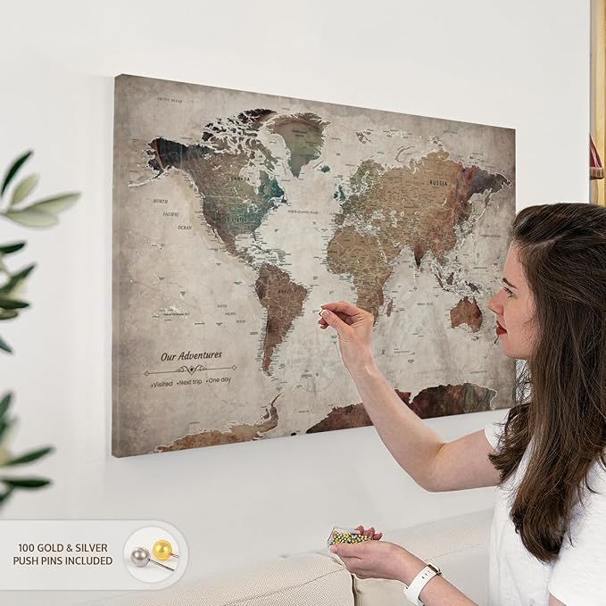 ElephantStock - Our Adventures World Map With Push Pin Iii Wall Art - Horizontal Canvas Wall Art - Living Room Wall Decor - Printmaking Map Canvas Art - Beige And Brown Decor - 36" x 24"