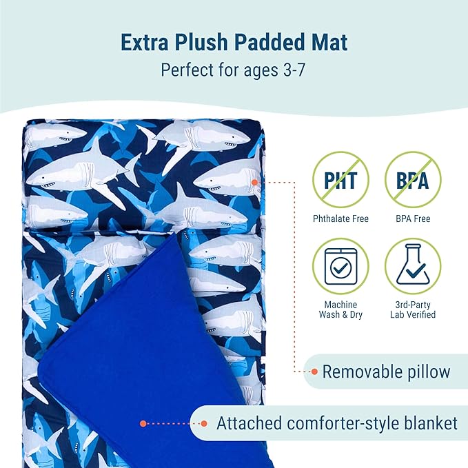 Wildkin Kids Original Nap Mat – Cozy Kids Sleep Mat with Pillow, Ideal for School & Travel - Sharks