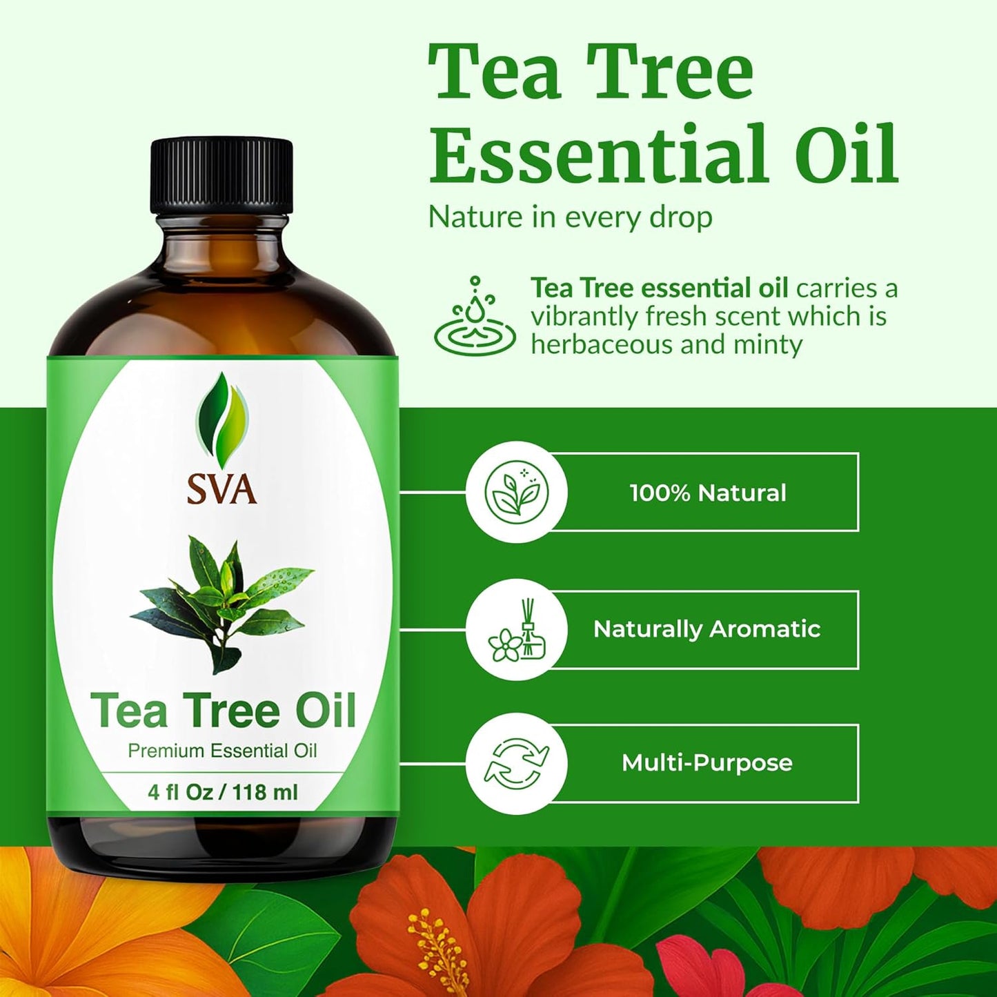 SVA Tea Tree Essential Oil – 4 Fl Oz – 100% Natural Tea Tree Oil - for Diffuser, Hair Care, Face, Skin Care, Aromatherapy, Scalp and Body Massage, Soap and Candle Making – with Dropper