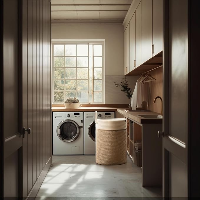 LA JOLIE MUSE Woven Basket Rope Storage Baskets - Tall Cotton Basket, Laundry Basket for Blanket, Kids Toy, Nursery Clothes Hamper Basket-L