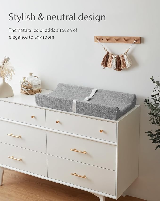 Blissful Diary Baby Changing Pad with Waterproof Lining Foam, Includes a Soft & Washable Cover, Contoured Changing Table Pads for Dresser Top with Non-Slip Bottom, 32”×16” (Grey, Rectangular)