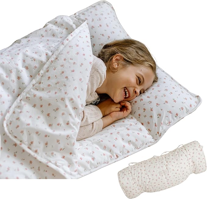 Organic Toddler Nap Mat – 100% Cotton Kids Washable Sleeping Mat & Detachable Pillow – Sleeping Bag with Soft 1.5” Pad – Ideal Nap Mat for Daycare, Preschool, & Sleepovers