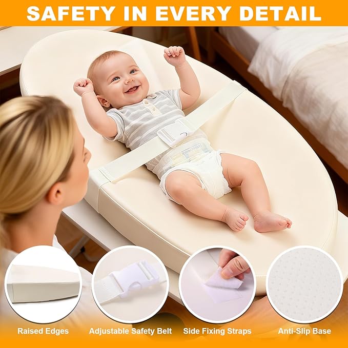 Baby Diaper Changing Pad, Wipeable Baby Changing Pad for Dresser, Contoured Waterproof Changing Pad with PU Cover, Non-Slip Safety Belt & Bottom, Portable, Lightweight