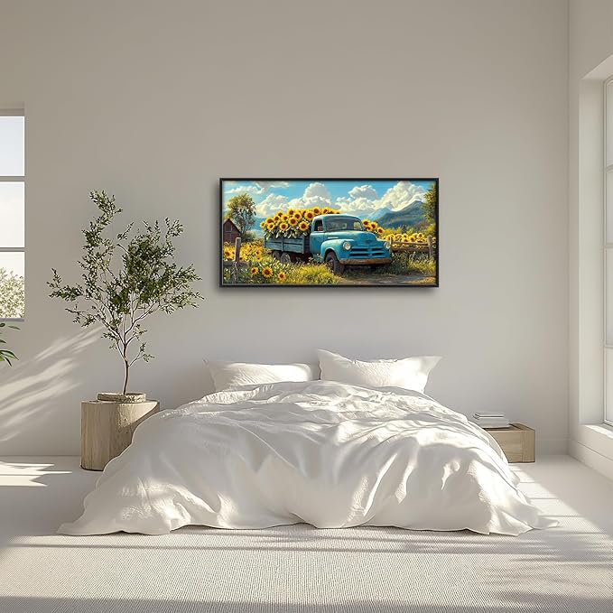 Olivine Large Wall Art, Sunflower Pictures Wall Decor, Farmhouse Sunflower Painting, Sunflowers Truck Canvas Prints, Framed Artwork for Living Room Bedroom Bathroom Office Home Decoration 60"x30"