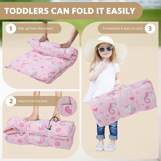 Toddler Nap Mat with Detachable Pillow & Blanket - Soft Plush Minky Fleece Kids Sleeping Bag for Daycare, Preschool & Travel - Portable Roll-Up Design with Carry Handle - Boys Girls Ages 3+