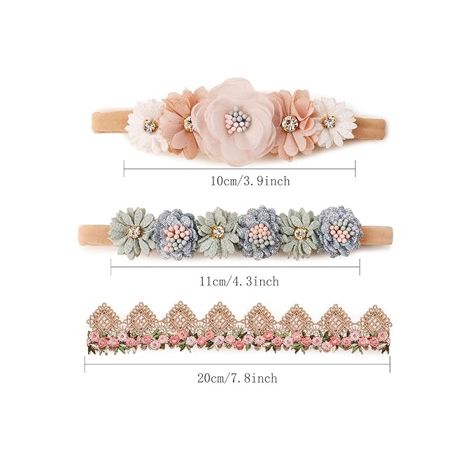 cherrboll 3pcs Baby Girl Headbands Flowers, Super Soft & Stretchy Nylon Floral Hairbands for Newborn Toddler