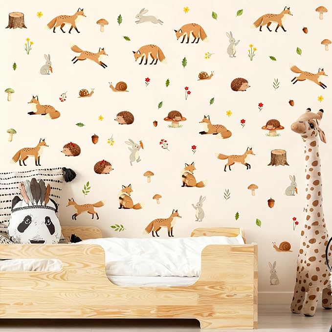 Woodland Animal Wall Stickers Cute Animals Wall Decals Peel and Stick Catroon Animal Decal Funny Fox Hedgehog Rabbit Stickers Forest Woodland Decals for Kids Room Bedroom Nursery Decor